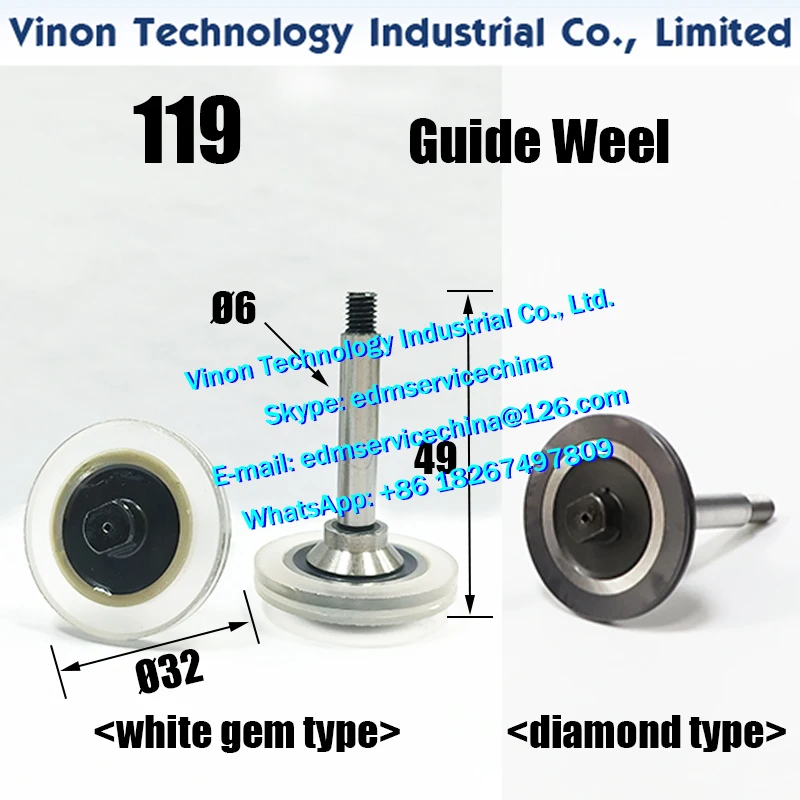 335.015.107 Agie FW1 Guide Pulley (1 Pair=2PCS) OD32mm, Axis 6mm, Total length 49mm White gem type, Black gem type, Diamond type