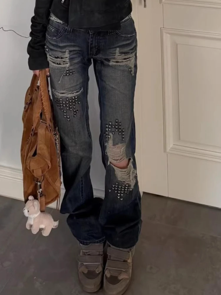 Mens Jeans Vintage Y2K Studded Patchwork Distressed Denim Rivet Splicing Pants Harajuku Unisex Loose Fit Floor Length Streetwear