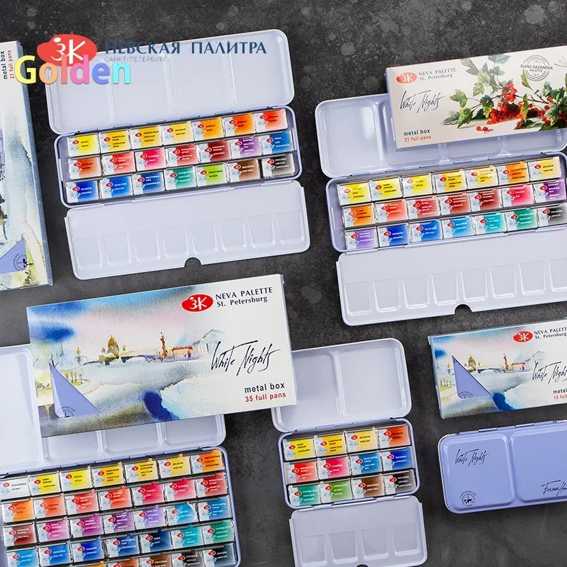 12 21 35 Watercolor Paint Artist St.Petersburg White Nights Metal Box RUSSIA, Sonnet 21 Colors, Bazanova 21 Colors, Art Supplies