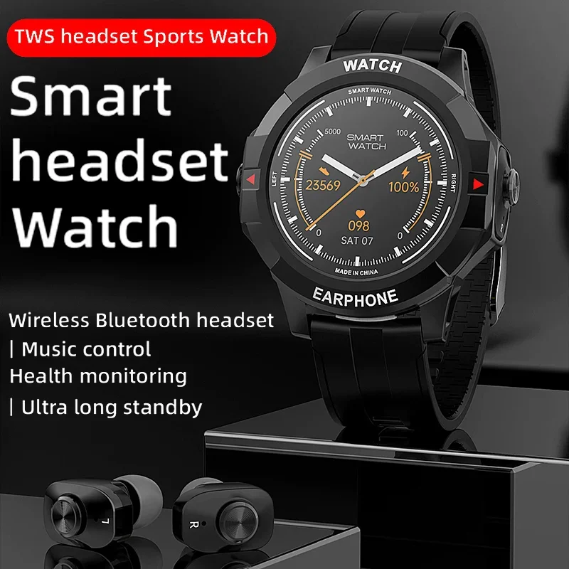 Smart Watch com TWS fone de ouvido sem fio, freqüência cardíaca, monitoramento da pressão arterial, música local, lembrete de chamada Bluetooth, fone de ouvido, novo