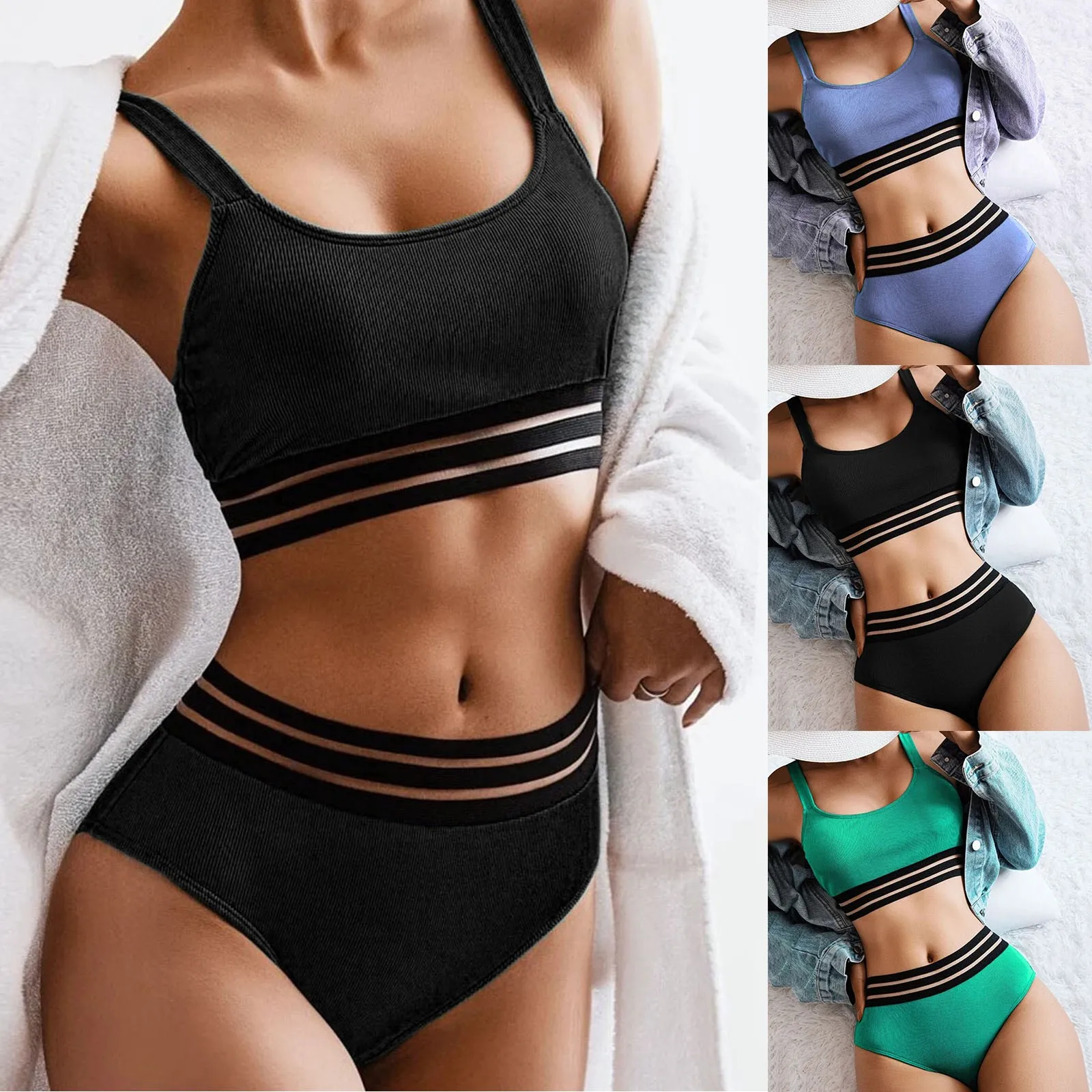 

Womens Fashion Swimsuit Sexy Solid High Waist Sports Bikini Swimsuit Set