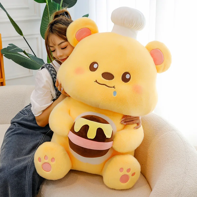 Kawaii Pink Teddy Bear Chef Plush Toy with Honey Jar Stuffed Doll Cute Birthday Gift for Kids and Couples Soft Cuddly Bear