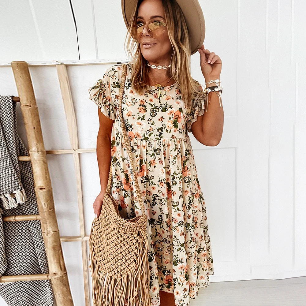 Casual Floral Print Summer Dress Boho Short Sleeve Woman Dress Female Loose Ruffles Mini Dresses For Women 2022 Robe Femme