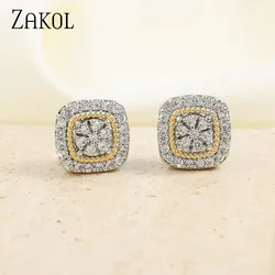 ZAKOL Fashion Sugar Cube Geometric Stud Earrings For Women Full Inlay Zircon Piercing Earring Engagement Wedding Jewelry