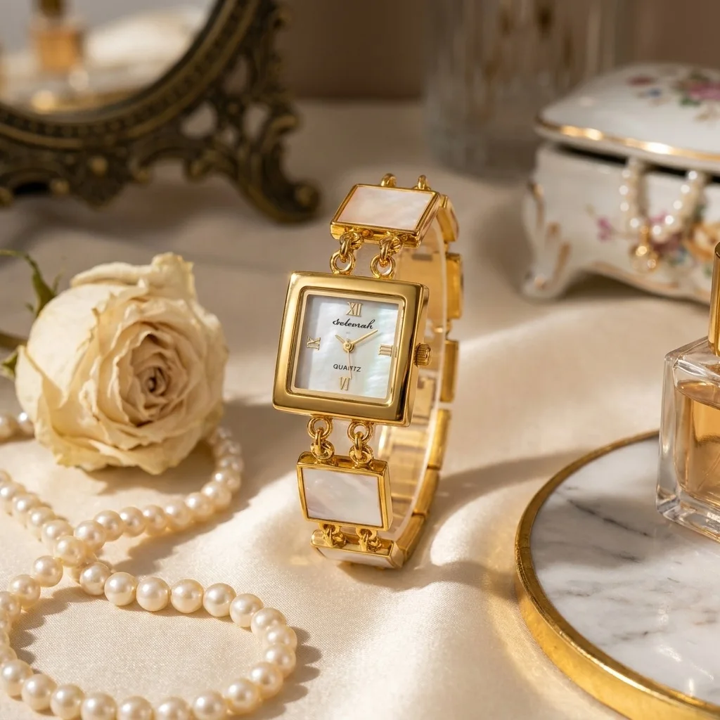 KAIRIS Women's Square Quartz Watch Silver Tone Shell Inlay Bracelet Watch Roman Numeral Dial Elegant Fashion Wristwatch