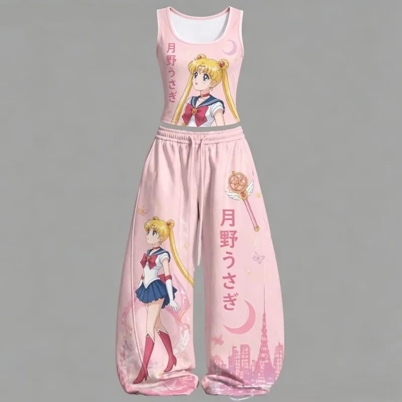 Men/Women Sailor Moon 2 Piece Outfits Tank Top Wide Leg Pants Sets Anime Print Vest Trousers Y2K Streetwear Matching Tracksuit view 5