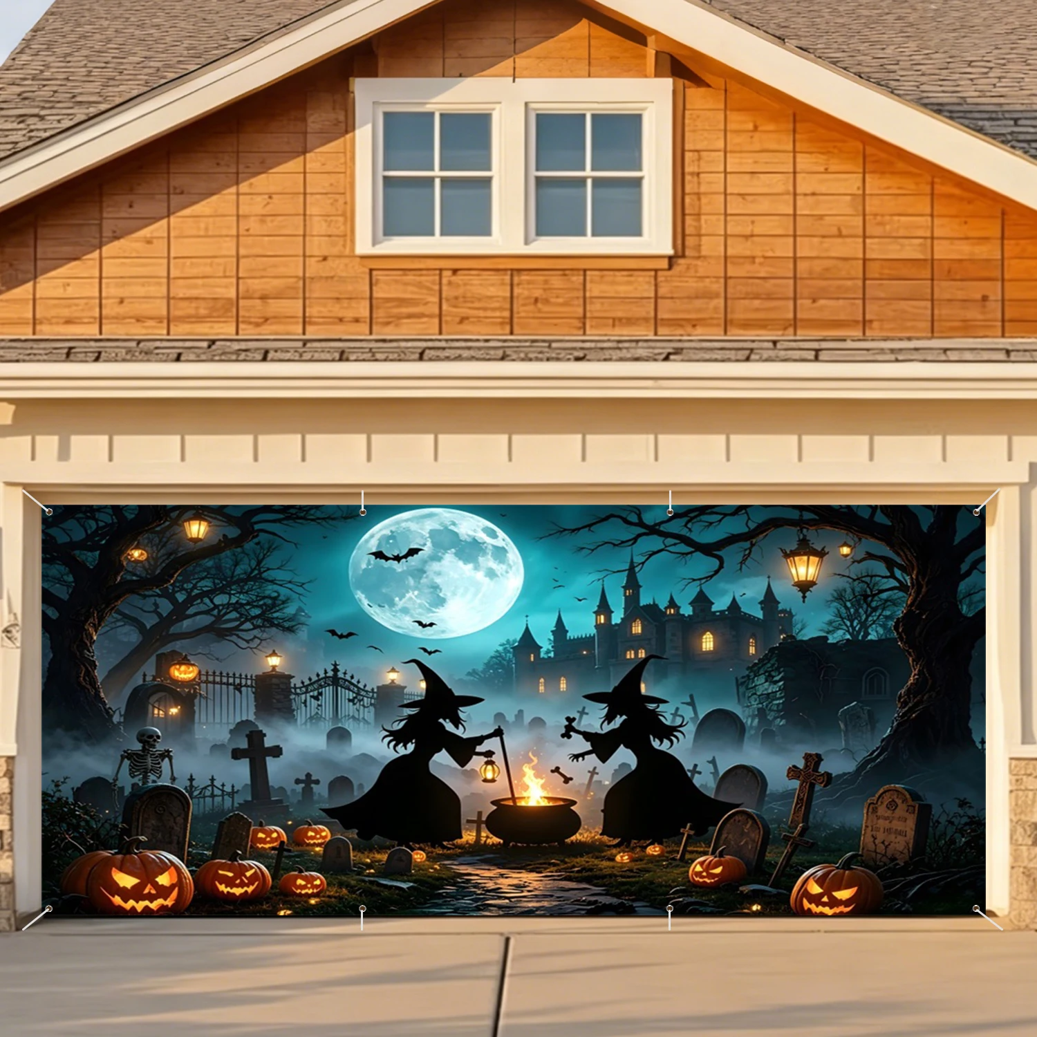 Halloween Garage Door Backdrop Cemetery Gate Pumpkin Moon Bats Outdoor Driveway Banner Large  Halloween Party Decoration Custom