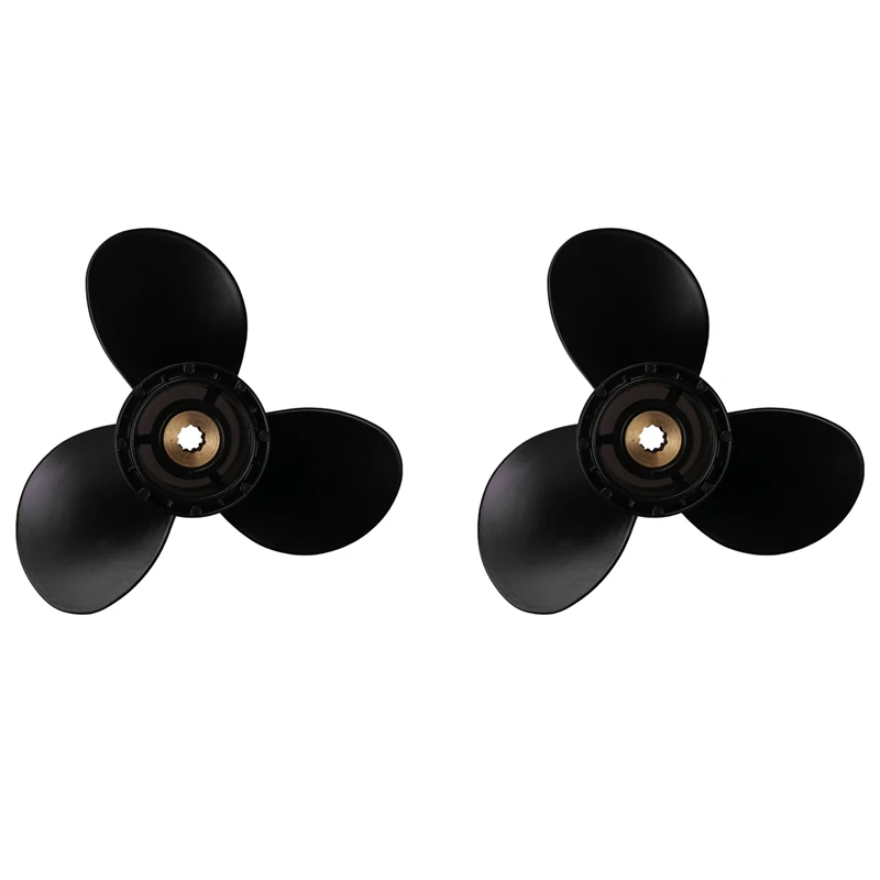 2X Outboard Propeller For Suzuki 8-20Hp 9 1/4 X 9 Aluminum Alloy 3 Blade Black 10 Spline Tooth R Rotation