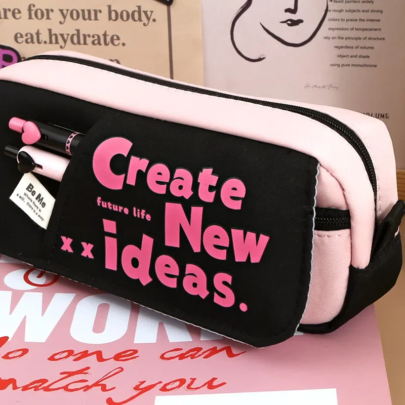 1 Piece Sweet American Style Pencil Case for Girl Black Pink Color Fashion Pencil Pouch Large Capacity Stationery Storage Bag