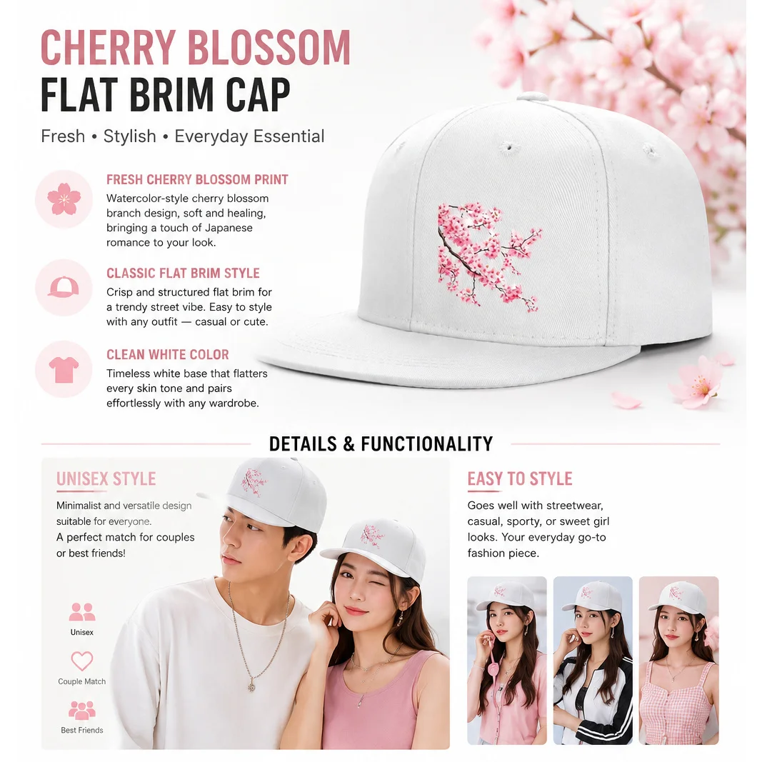 Flat-Brimmed Hat with Cherry Blossom Pattern, Gentle And Fresh Girly Style, Suitable for Everyday Casual Wear