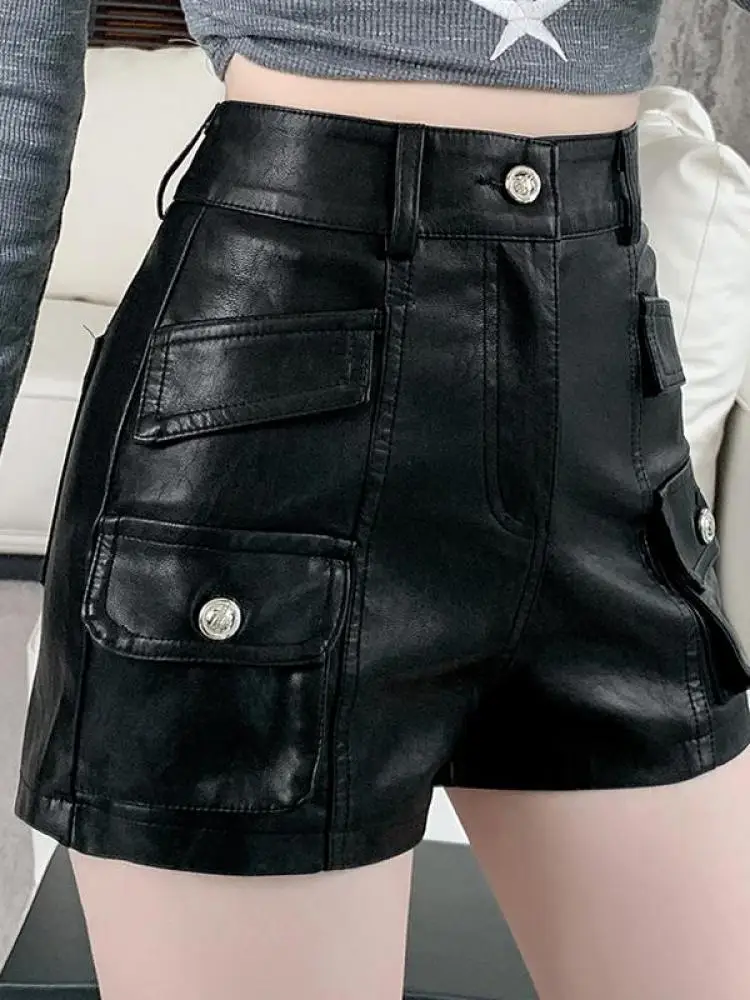 Moda coreana outono inverno preto couro do plutônio elegante fino workwear shorts feminino marrom sexy clube alta wiast envoltório hip calças curtas