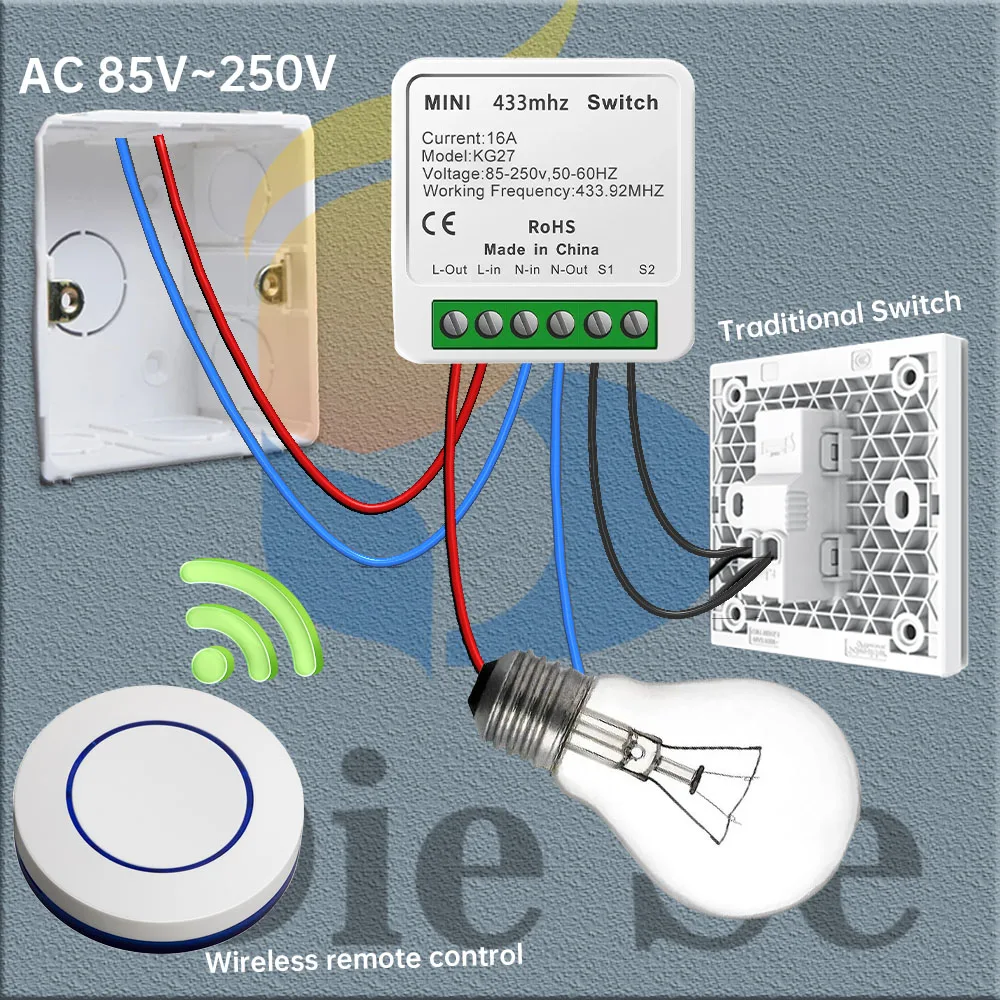 Wireless Light Switch 433mhz Rf Mini Round Push Button Wall Panel Switch 16A 220V Relay Receiver Can Connect Traditional Switch