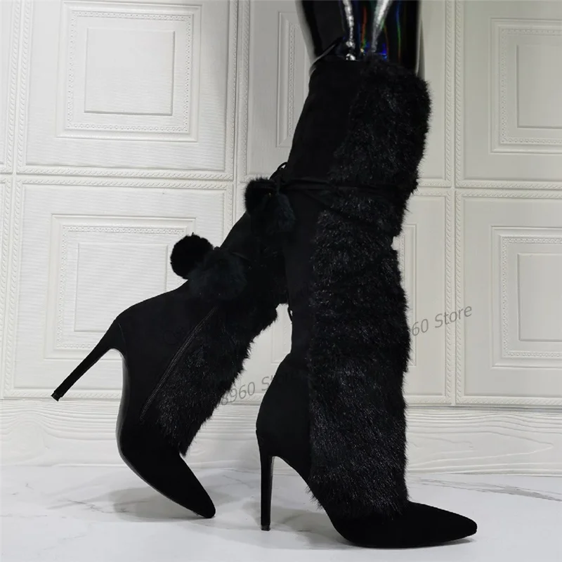

Knee High Black Flock Furry Pointy Boots Stilettos High Heel Women Shoes Side Zipper Pointed Toe Sexy Casual Stylish Women Boots