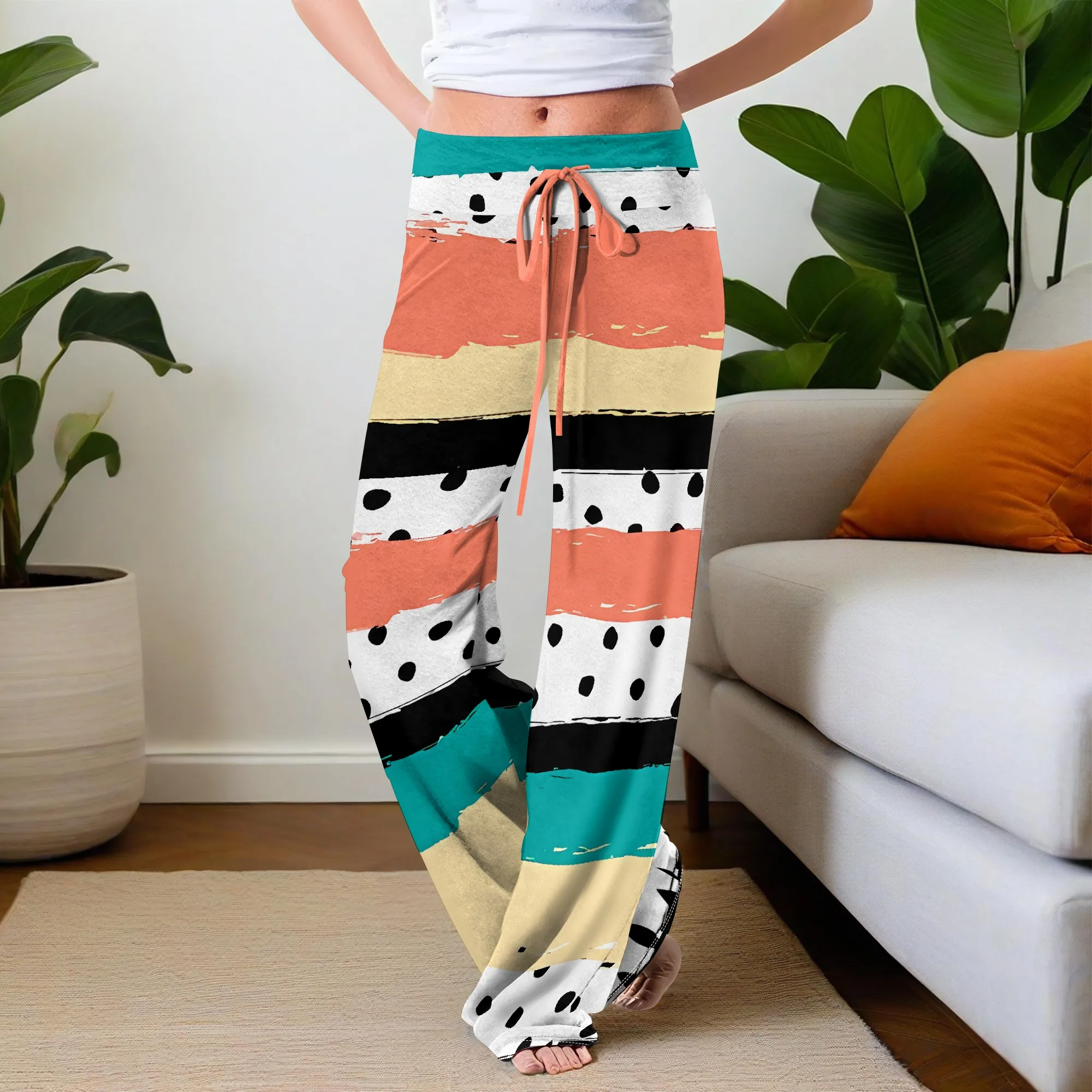 

Nupusa Color Block Print Pants for Women Standard Size Summer Casual Drawstring Wide - Leg Trousers