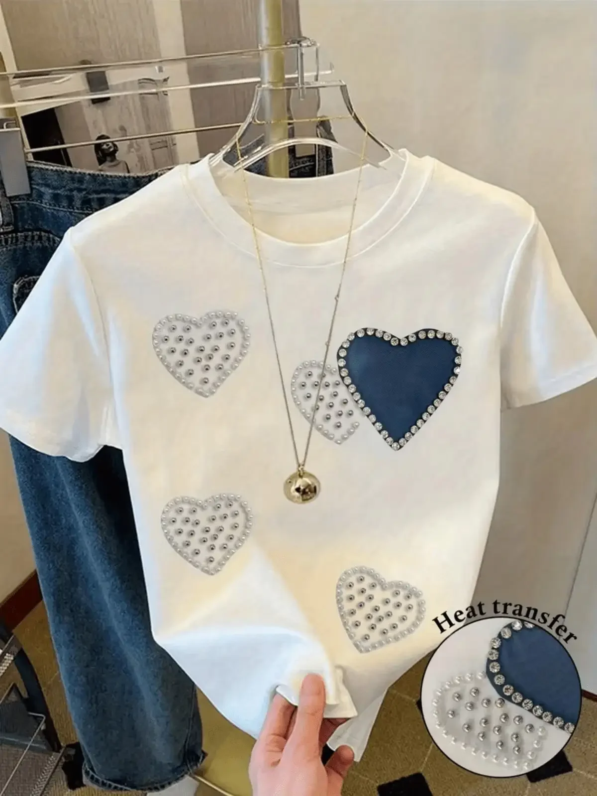 Heart-Patterned Short-Sleeve T-Shirt, Casual Short Sleeves - Made From Fabric, A Perfect Choice For Summer. Comfortable Women'S - Soft And Breathable, Ideal For Everyday Casual Wear,Breathable And Comfortable Short-Sleeved Round-Neck Top