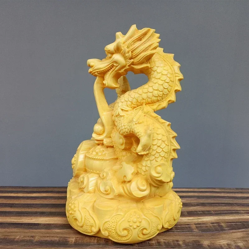 Solid wood auspicious Panlong play bead statue Wooden handmade sculpture Home decoration figurines Lucky Dragon 10cm