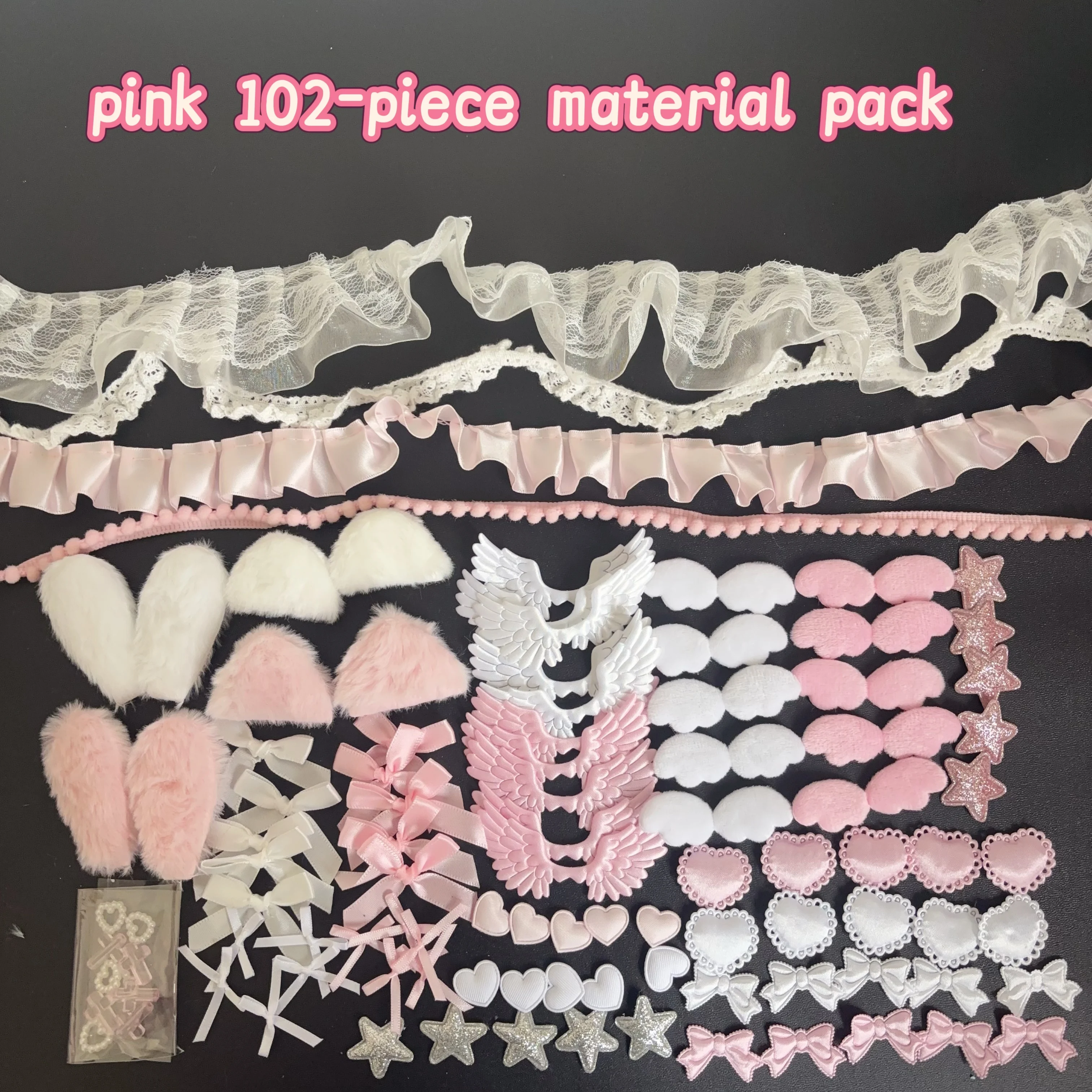 102 Pieces of Ribbon Lace Trim Handmade Material Kit Combination: Angel Wings, Plush Bunny Ears, Bow, Heart, Five-Pointed Star