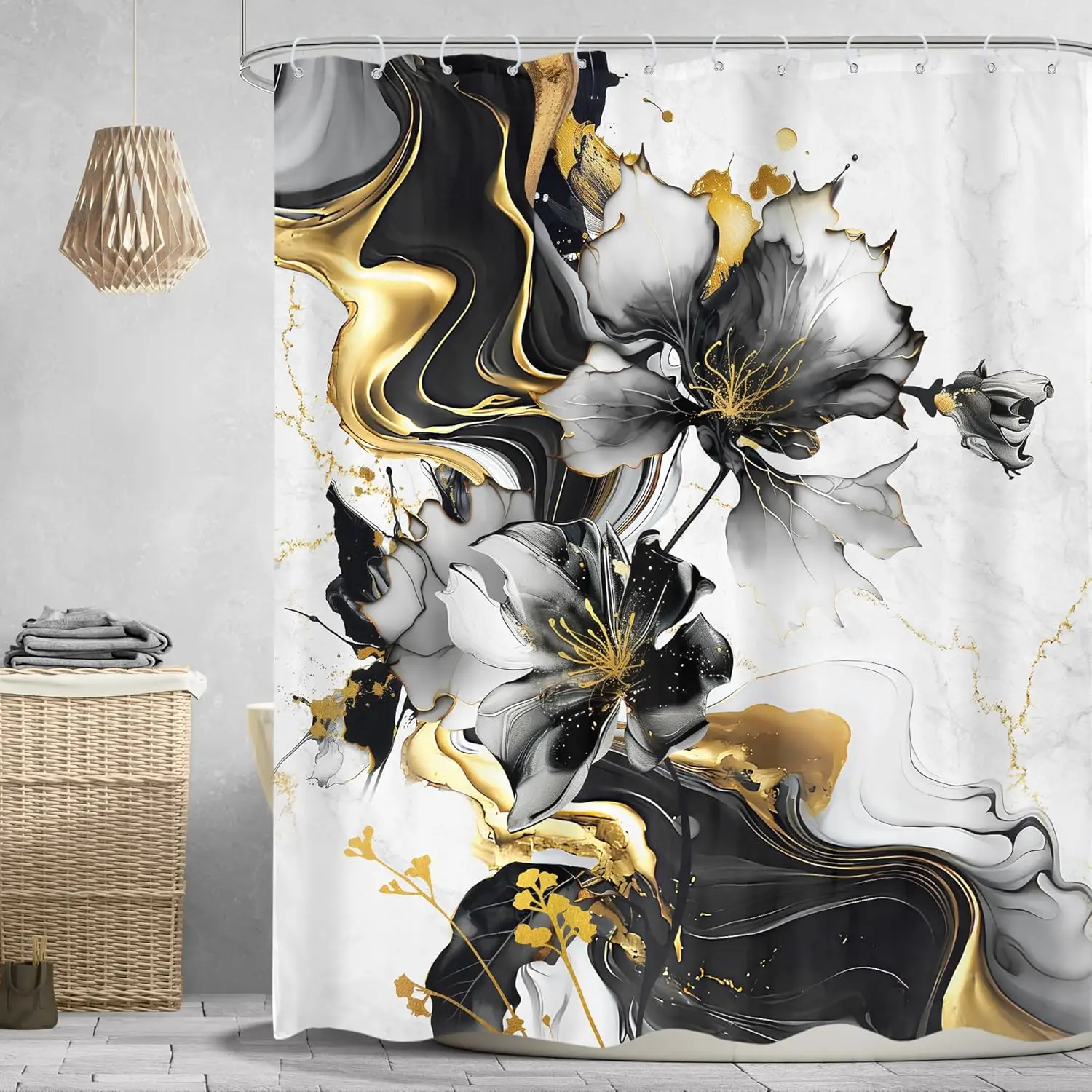 Black White Gold Marble Shower Curtain, Abstract Floral Ink Texture, Minimalist Luxury Design with Hooks