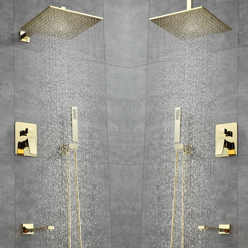 Luxury Bathroom Shower Faucet 10Inch Shower Head Gold Stainless Steel Wall Mount W/ Hand Shower Para Bath Shower Mixer Water Tap