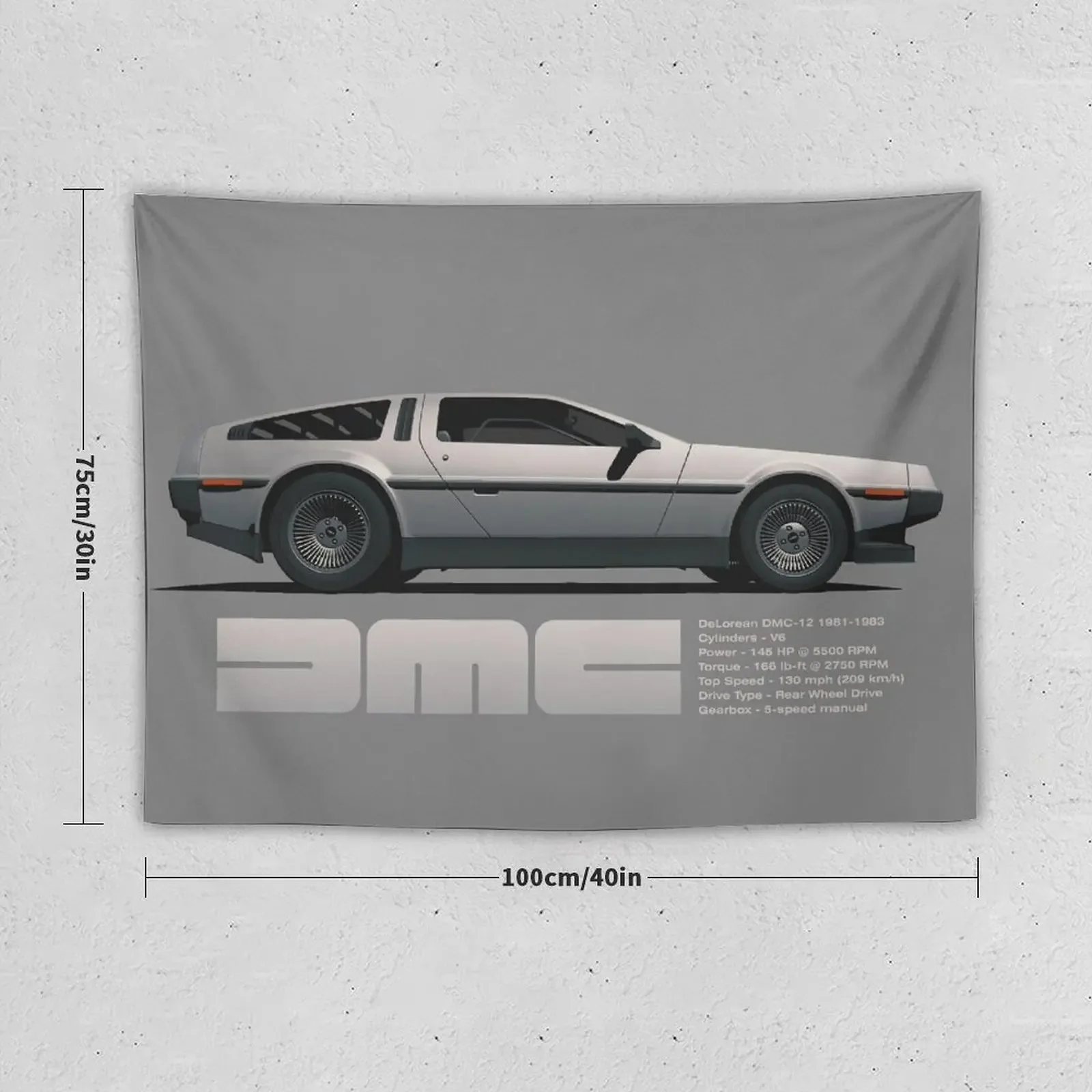 DeLorean DMC-12 cartoon retro style car side view with specs Tapestry Wall Deco Decorative Paintings Wall Hanging Tapestry