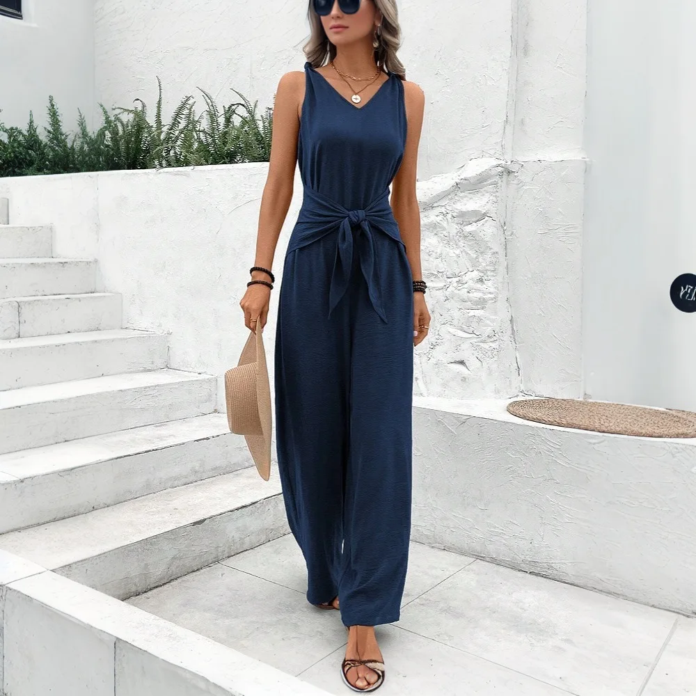 

Spring Summer 2025 Women's Jumpsuit Wide Leg V-Ne Svel Design High Waist Long Pants Comfortable Polyester Fabric