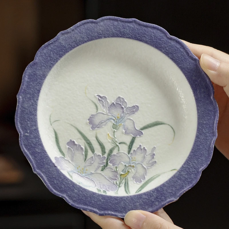 

LTT Twilight Cloud Purple Hand Painted Iris Flower Antique Ceramic Household Refreshment Plate Pot Holder