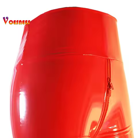 New Red Sexy Open Crotch Women Pants PU Double Zipper Bodycon Trousers Ladies Exotic Slim Nightclub Micro Elasticity Leggings