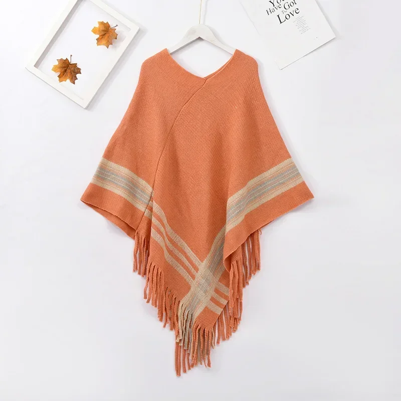 

Autumn Winter Shawl Imitation Cashmere Diagonal Stripe Pullover Warmth Tassels Woman Poncho Cape Pullover Sweater Orange Cloaks