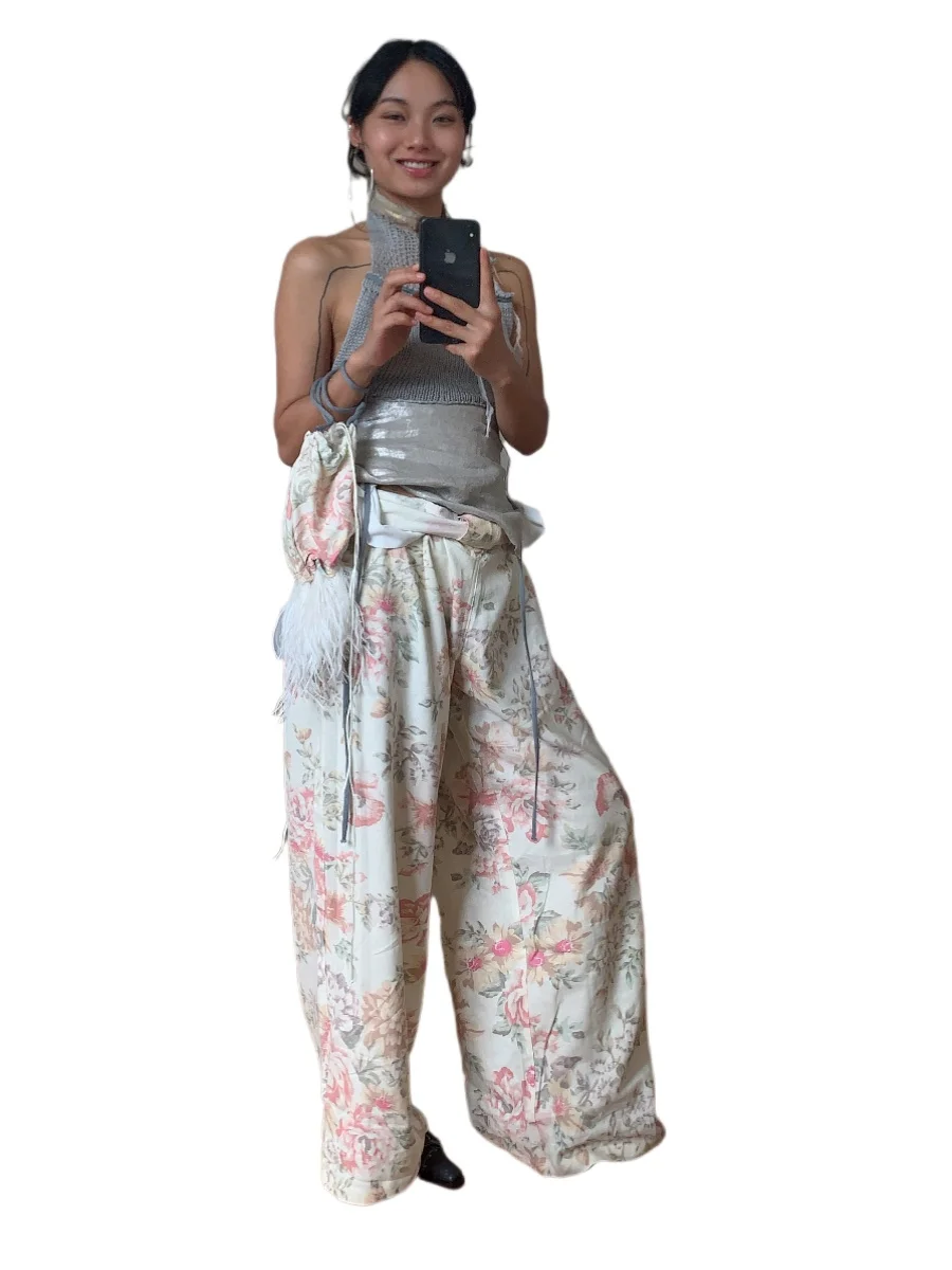 

Cotton Linen Ultra-Thin Drapey Wide Leg Casual Pants Loose Fit Printed Comfortable Long Trousers for Women Commute Sle