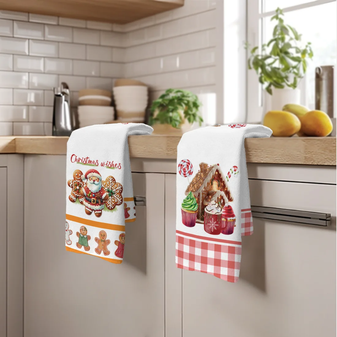 2PCS Christmas Gingerbread Man Gingerbread House Kitchen Towels Dish Towel Dish Cloths Holiday for Kitchen Decor 40x60cm