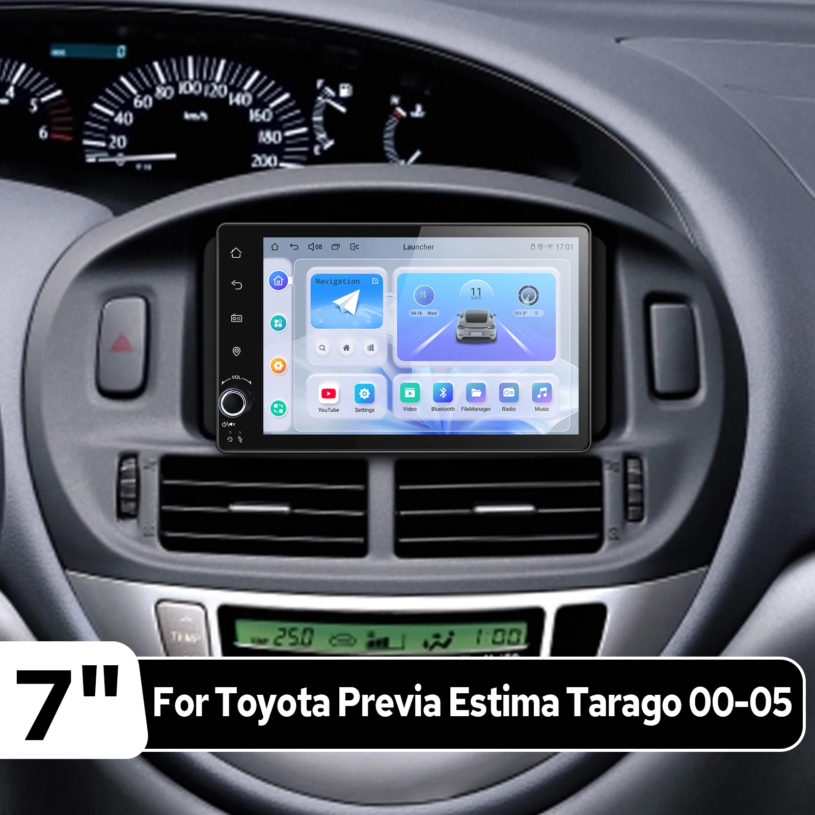 Rádio de Carro Android 7" 1280x800 para Toyota Previa Estima Tarago 2000-2005, CarPlay Sem Fio, Android Auto, Instalação Fácil Plug&Play