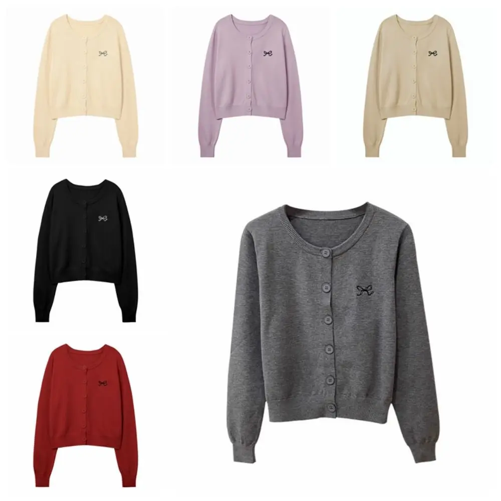 Suéteres de ganchillo con lazo liso para mujer, cárdigans de manga larga para otoño y primavera, abrigos cortos holgados y ajustados de estilo Preppy Y2K, ropa de calle