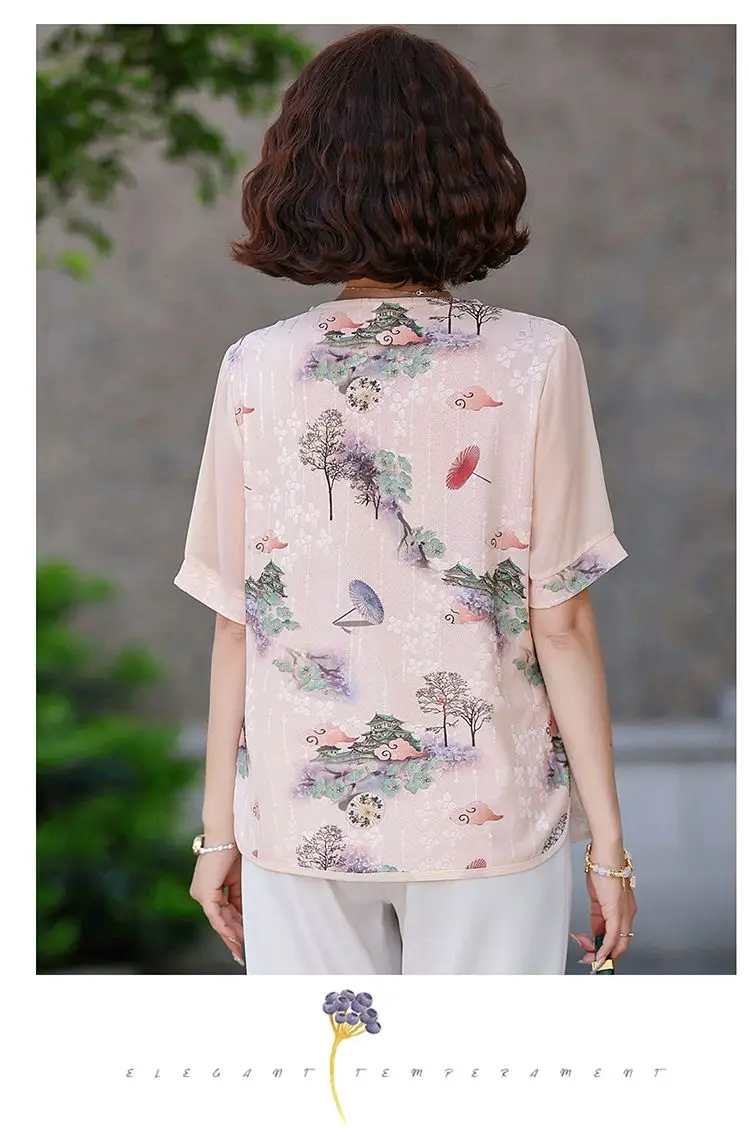 Damska koszulka z krótkim rękawem w nowym stylu, łączona, z okrągłym dekoltem, zapinana na guziki, modna, z nadrukiem, nowy chiński top