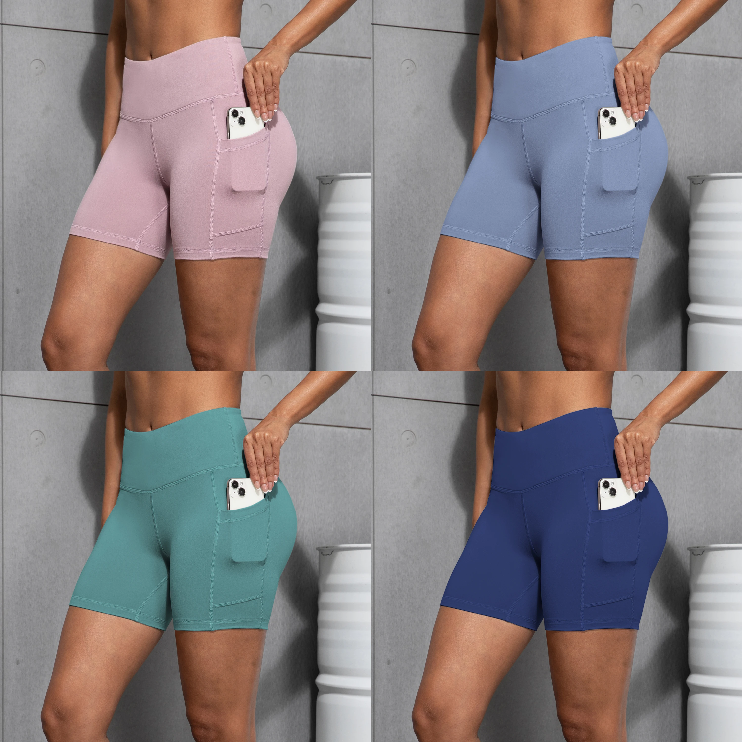 10 Types High Waist Push Up Women's Worker Shorts With Pockets Soild Color Yoga Shorts Fitness Casual Outdoors Workout Shorts