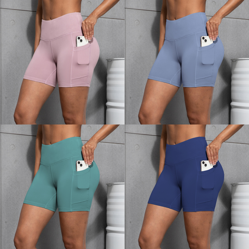 10 Types High Waist Push Up Women's Worker Shorts With Pockets Soild Color Yoga Shorts Fitness Casual Outdoors Workout Shorts