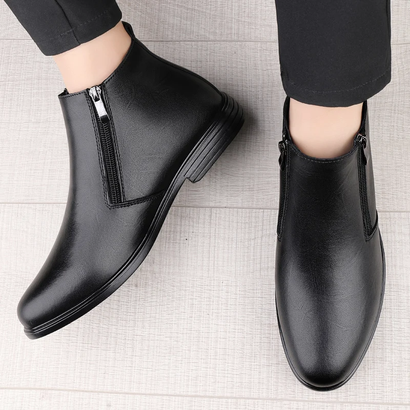 

Мужские модные кожаные повседневные короткие ботинки с классической боковой молнией, противоскользящие, для прогулок на улице, для бизнеса и офисной работы