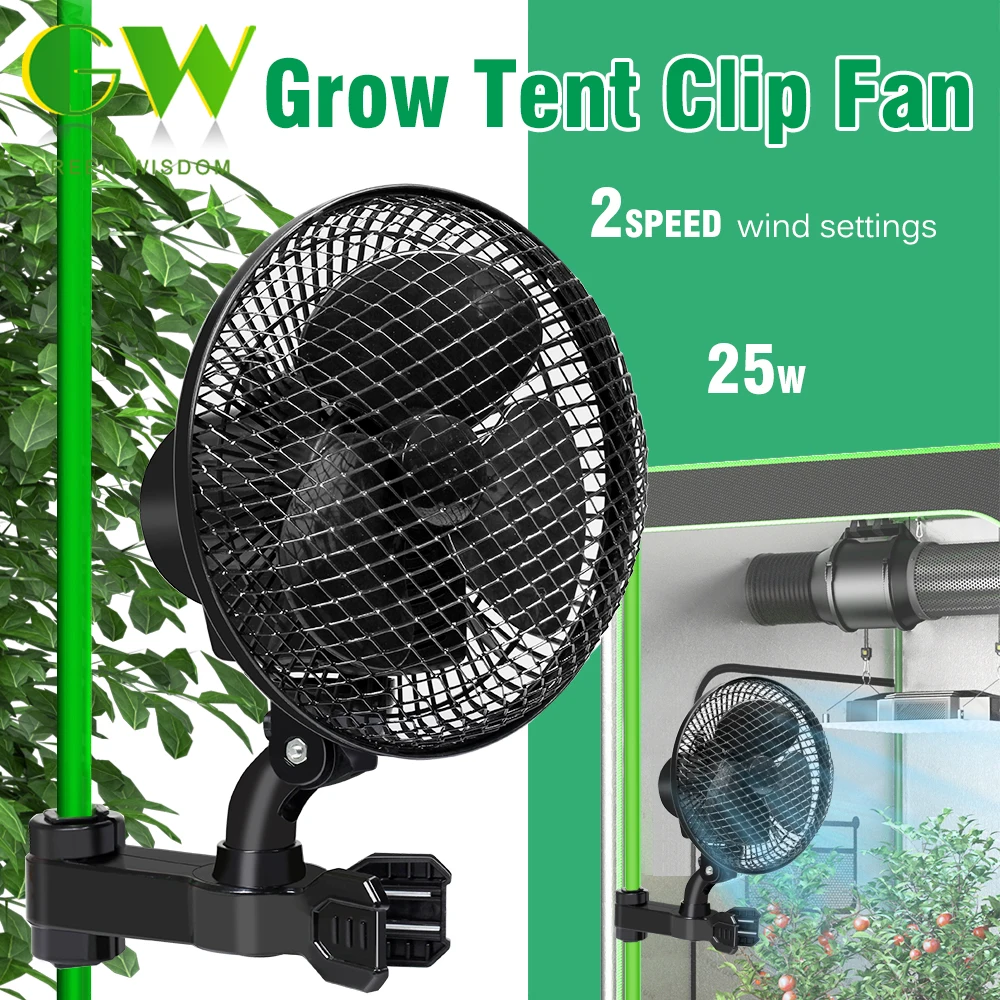 25W 90 ° -120 ° Ventilador de clip para carpa de cultivo con ángulo ajustable y flujo de aire refrescante para todas las etapas de crecimiento de su planta, 2 velocidades.