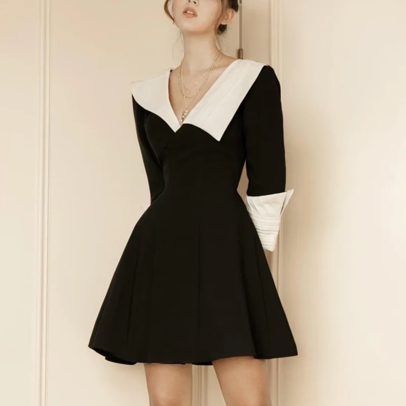 흑백 색상 대비 v 넥 긴 소매 미니 드레스 2025 여름 새로운 높은 허리 캐주얼 휴가 드레스 패션 파티 드레스