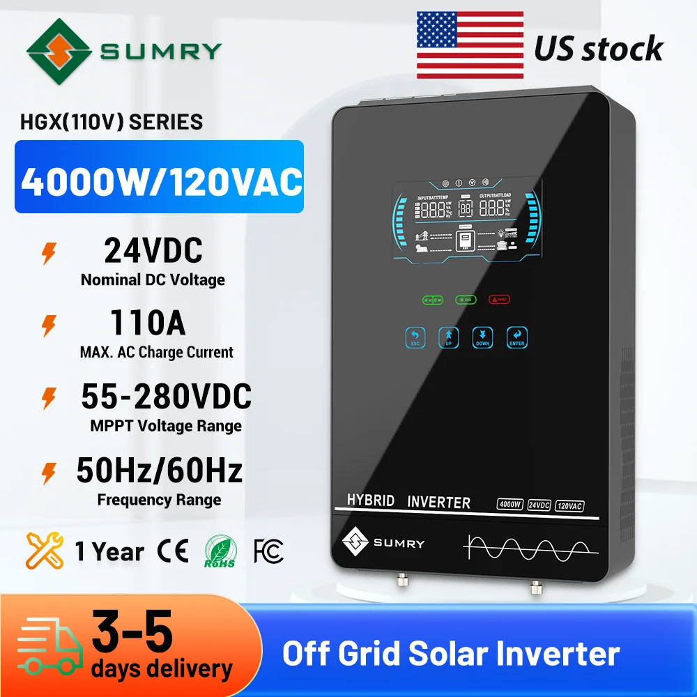 

Sumry 4000W Off Grid Hybrid Inverter 24V 140A 5600W MPPT Solar Charger Pure Sine Wave Inverter for Home 6.25 Inch LCD Display