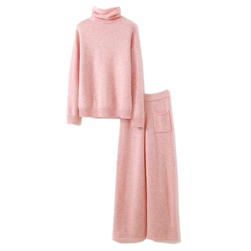 Elegant Pile Collar Solid Color 100% Pure Wool Women's Suit Spring and Autumn Leisure Loose Women's Wear Sweater Two-Piece Pants