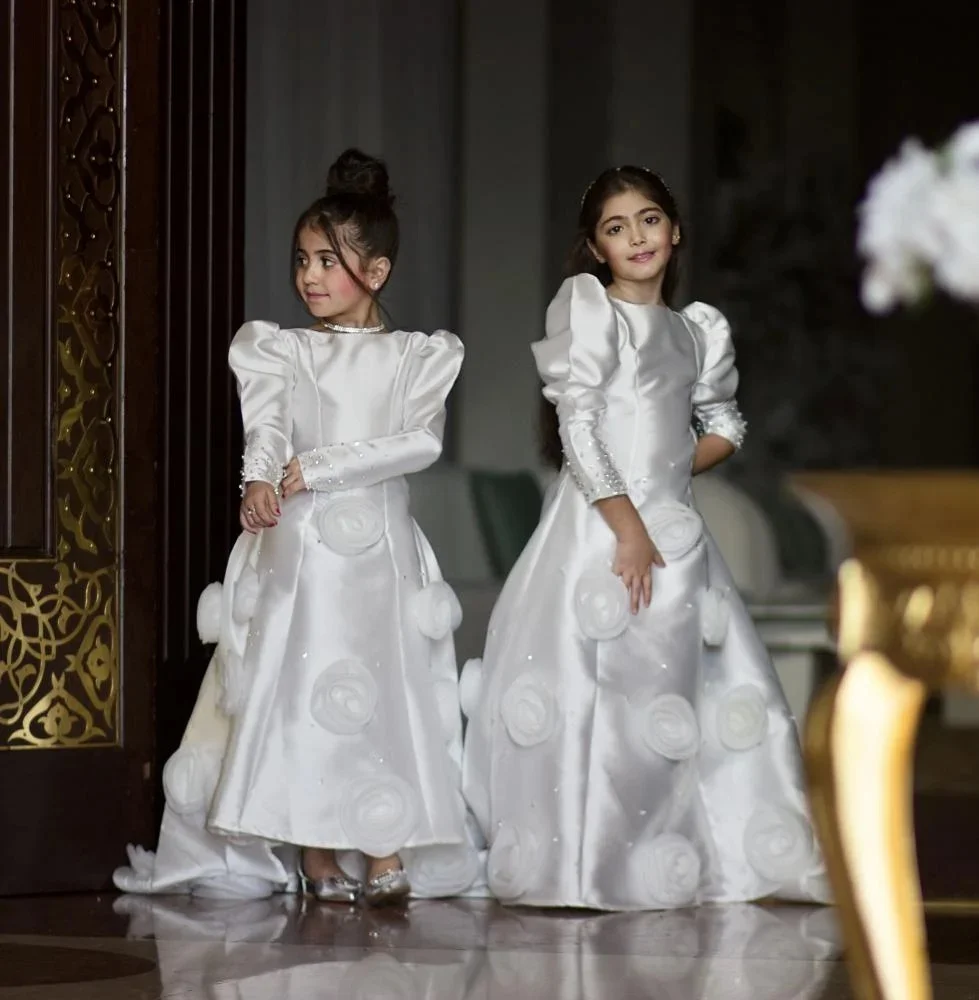 Modest Satin Flower Girl Dresses For Wedding Children Birthday Party Gowns Formal Dress Baby Clothes Floral Gowns - view 4