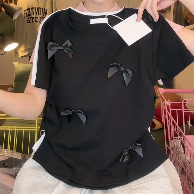 Nice Women's Clothing Japanese Sweet Bow Pink Tees Tops Short Sleeved T-shirt Sweet Spicy Summer Niche Slim Fit Short Top T-Shir