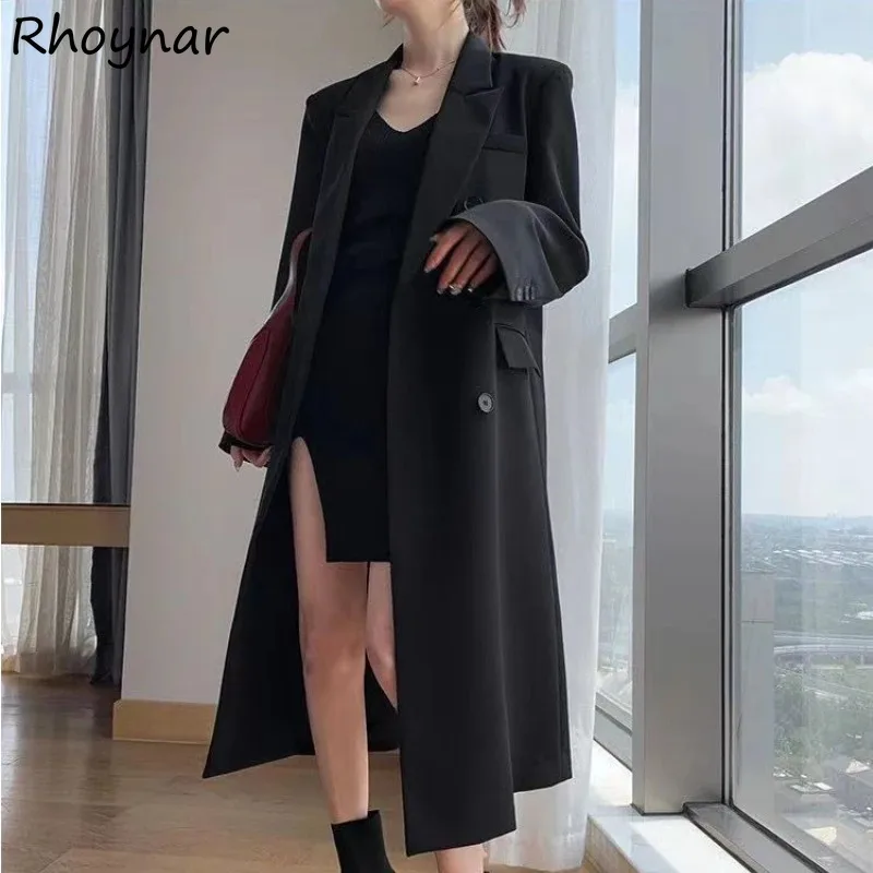 

Notched Trench Spring Women Korean Fashion Simple Casual All-match Double Breasted Retro Temperament Office Ladies Cozy Daily