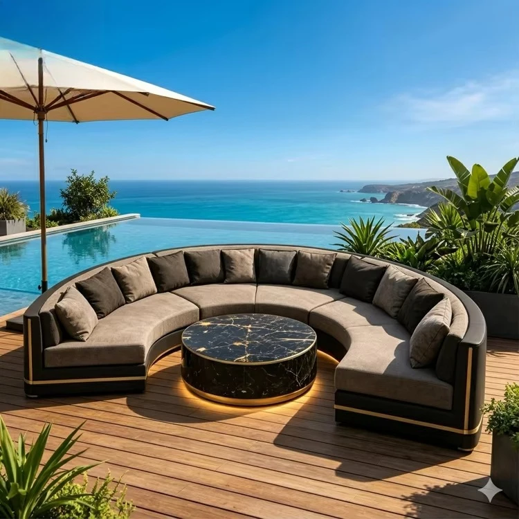 Luxury Minimalist Curved Sofa | Premium Aluminum Frame, Waterproof & Anti-Rust Leather Upholstery