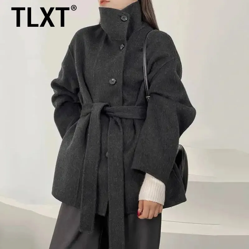 

TLXT Fashion Women's Stand Collar Double-faced Woolen Coat Korean Trendy Single Breasted Thick Overcoat 2025 Winter New XK1660