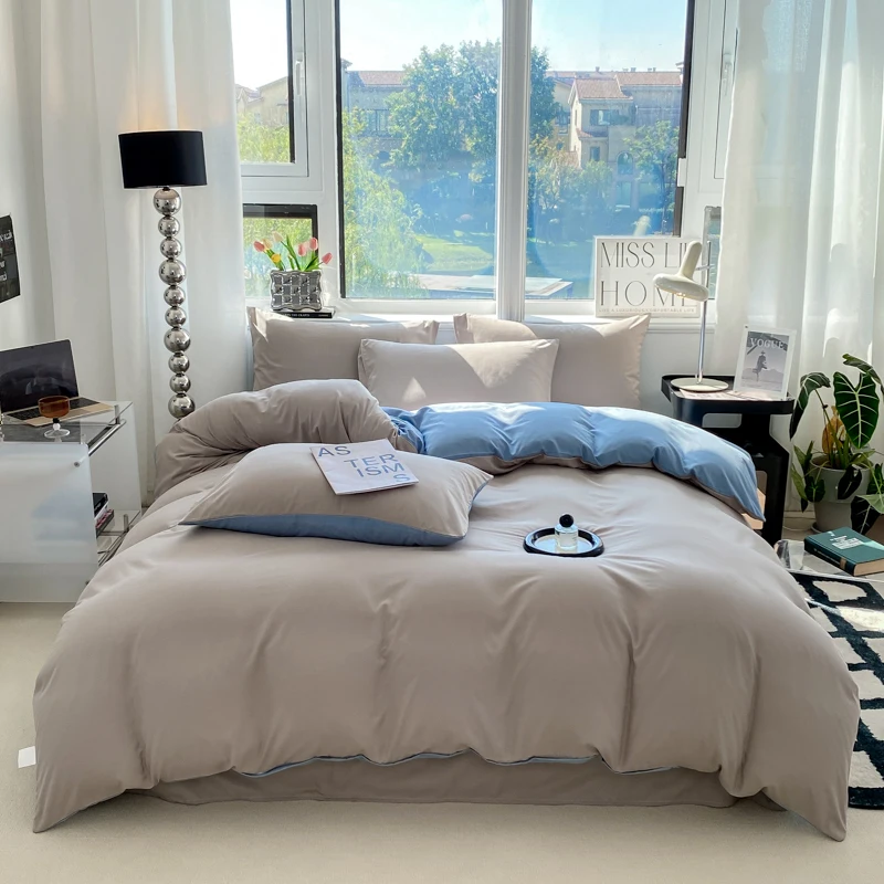 Ins Style Solid Color Duvet Cover Set Washed Cotton Bedclothes Comforter Cover Pillowcase Soft Bedding Sets Quilt Covers 220x240