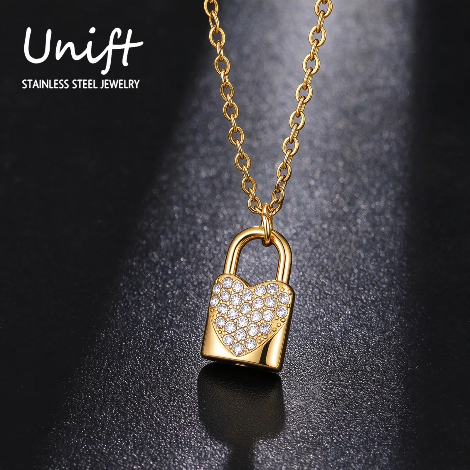 Unift Fashion Lock-Shaped Pendant Necklace Stainless Steel Heart Lock Choker for Women Exquisite Zircon Charm Jewelry Wholesale