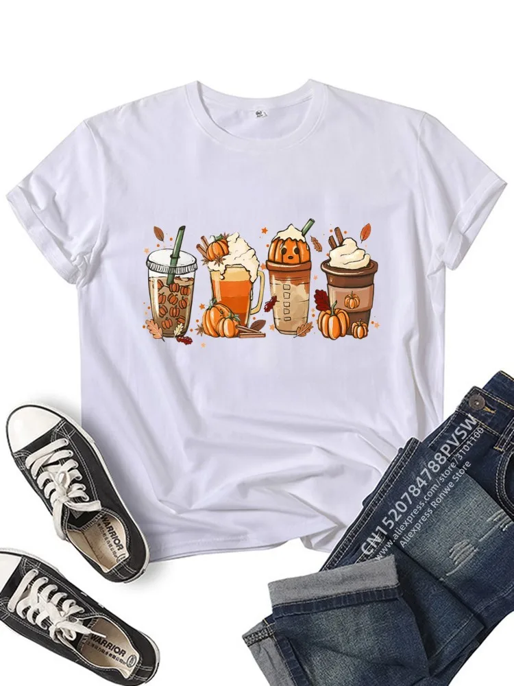 Women Halloween Pumpkin Coffee Latte Drink Cup Spice T-shirt Daily Girl Y2K Harajuku Tee Tops Female Sreewear Clothes