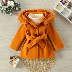 Autumn and Winter New Girls' Big Wool Collar Hooded Woolen Coat Children's Cute Solid Belt Bow Fleece Coat