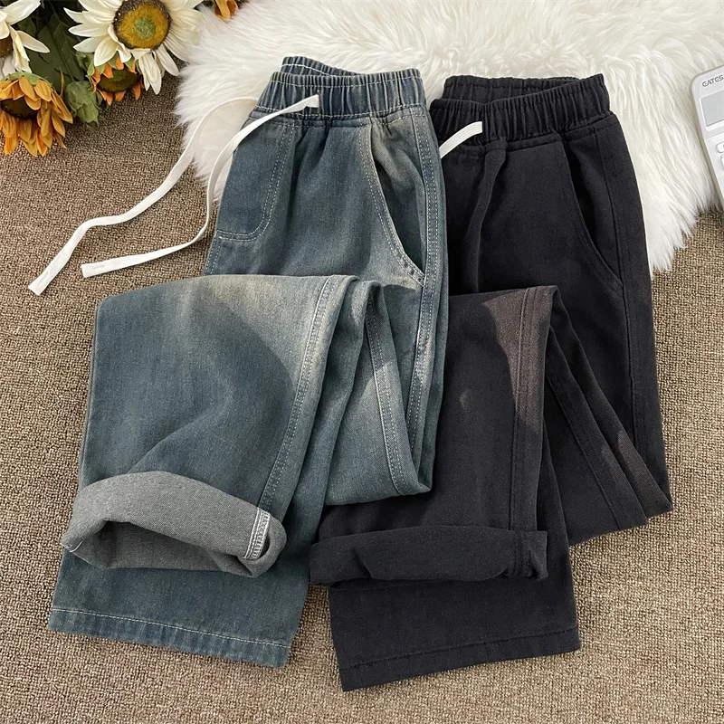 

Retro Men's Jeans Hong Kong Sle Wide Leg Casual Pants Loose Fit Straight Cut Trousers Trendy Loose Waist Youth Faion